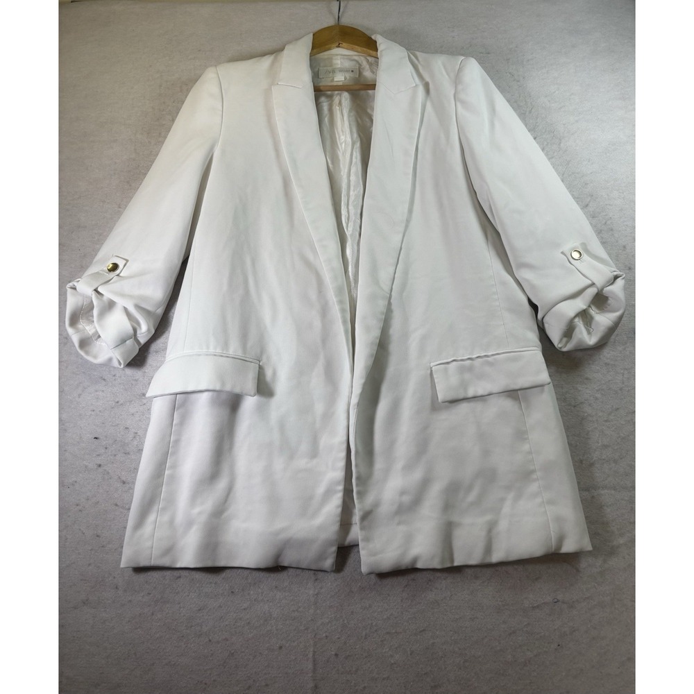 Zara Women's White Oversized Tailored Blazer‎ Size S Shoulder Pads 3/4 Sleeves